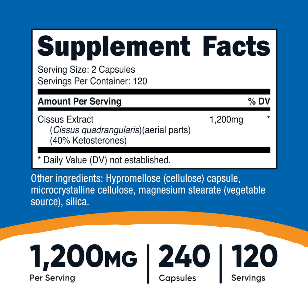 Bottle and 240 capsules with label displaying 1,200 mg per serving