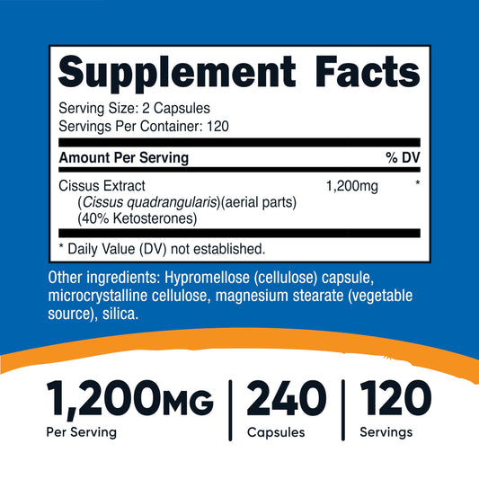 Bottle and 240 capsules with label displaying 1,200 mg per serving