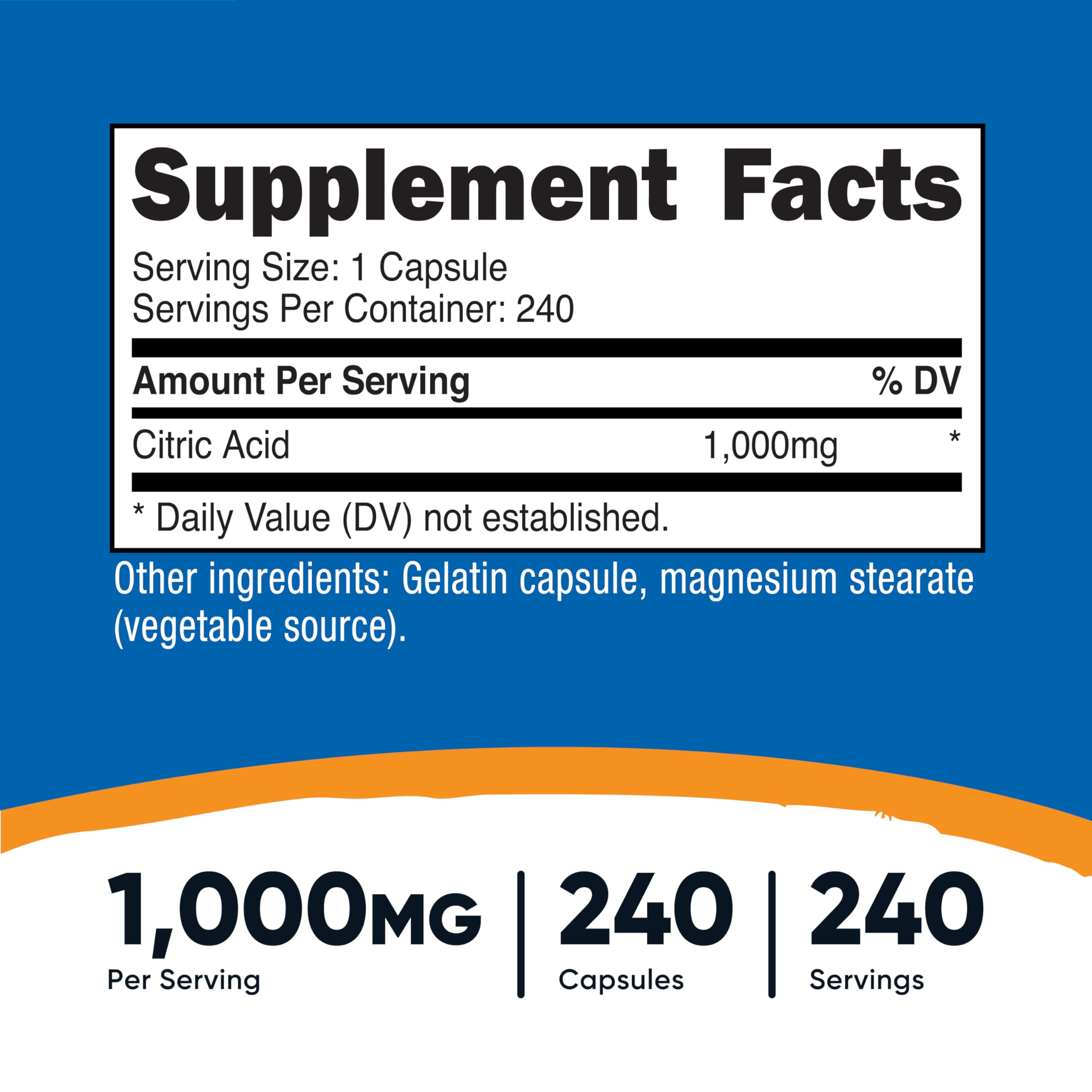 Serving size: one capsule of Nutricost Citric Acid