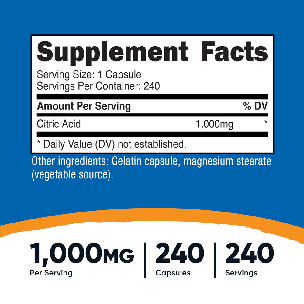 Serving size: one capsule of Nutricost Citric Acid