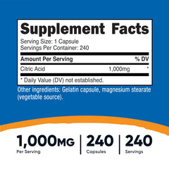 Serving size: one capsule of Nutricost Citric Acid