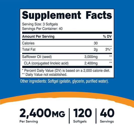 Nutricost CLA bottle image with labeling and 800mg per softgel information
