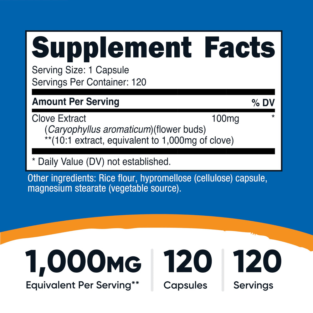 Close-up of Nutricost Clove 10:1 Extract bottle showing label
