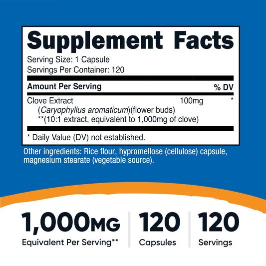 Close-up of Nutricost Clove 10:1 Extract bottle showing label