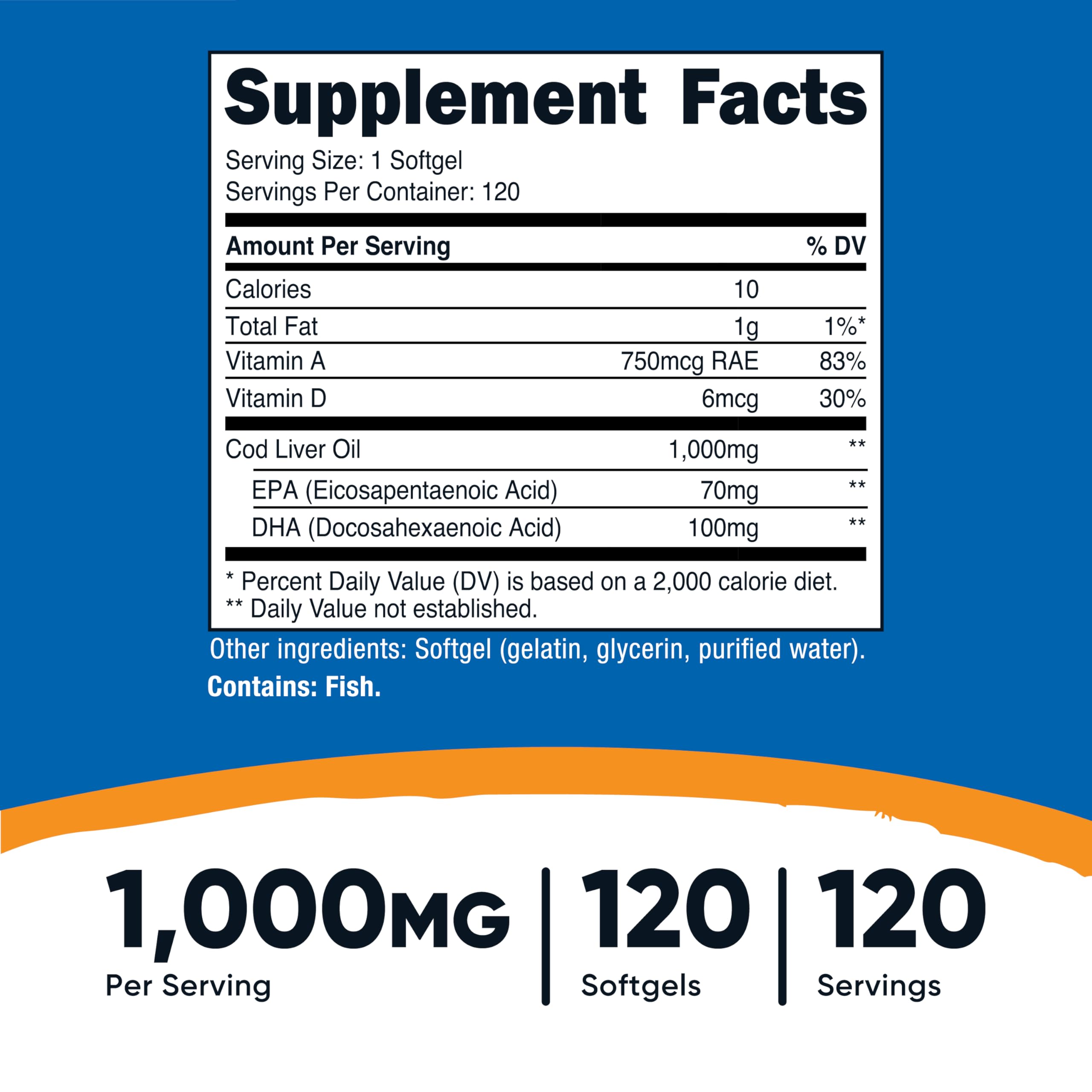 Non-GMO and gluten free Nutricost cod liver oil label