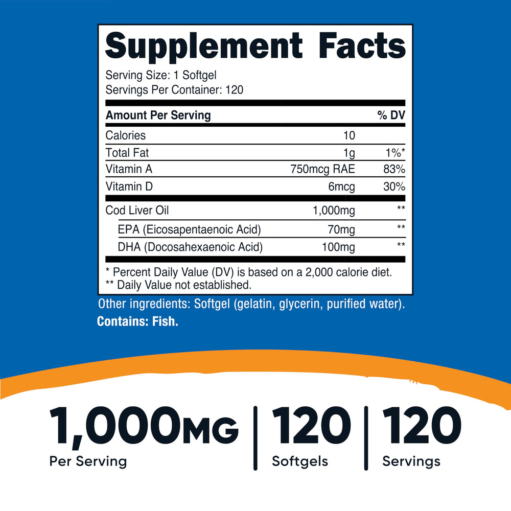 Non-GMO and gluten-free cod liver oil supplement by Nutricost