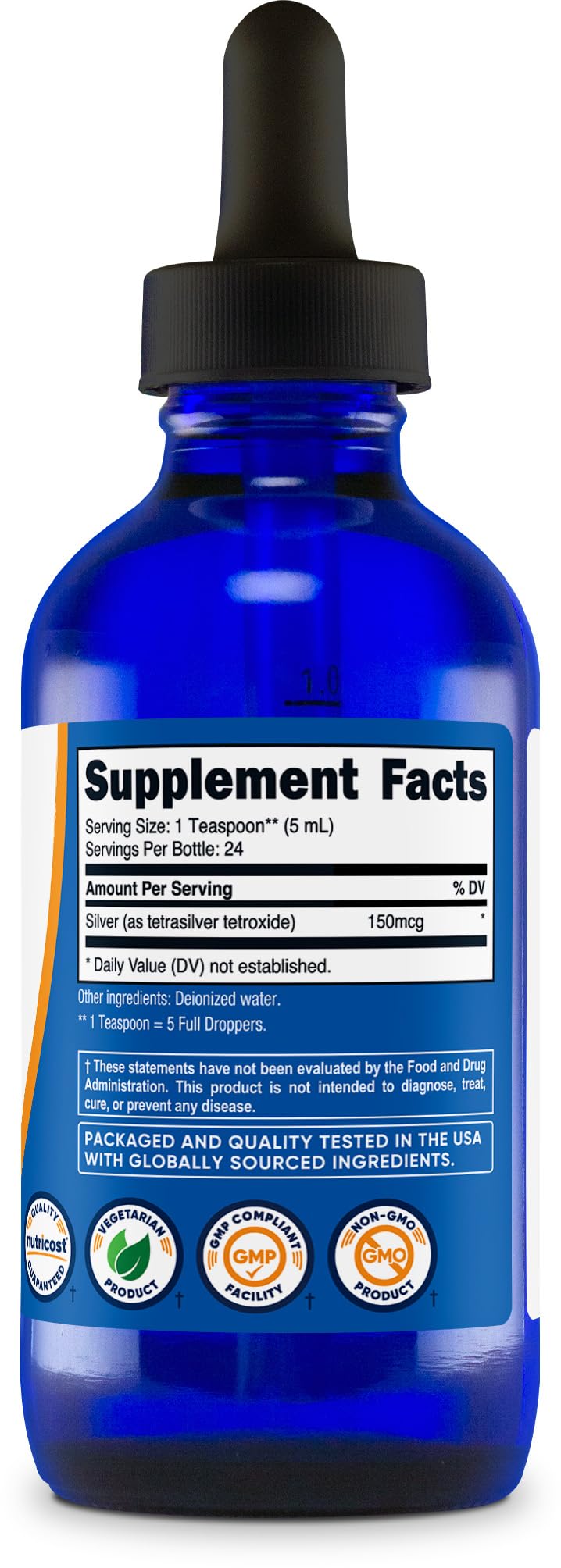 Close-up of Nutricost 4oz colloidal silver bottle