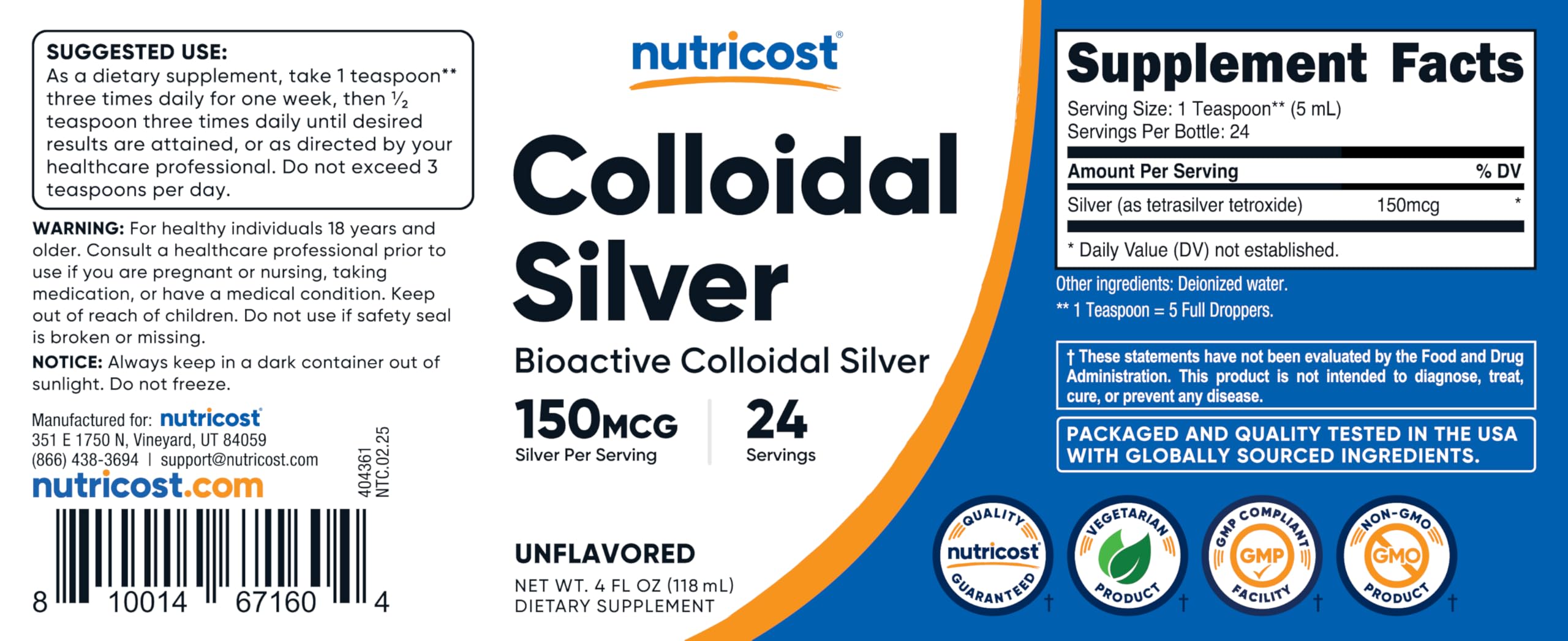Nutricost colloidal silver packaging in glass bottle