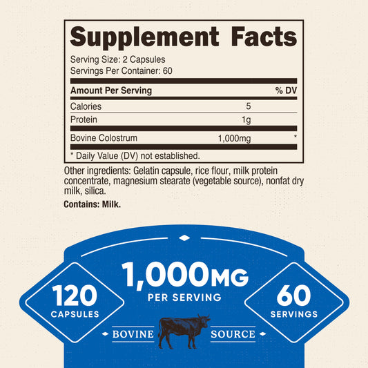 Back of Nutricost Colostrum bottle showing supplement facts