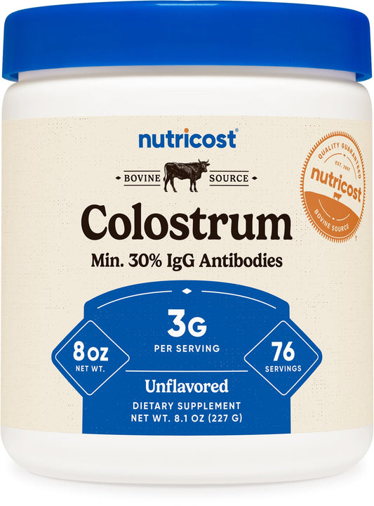 Nutricost Colostrum Powder 8oz bottle label showing 3 g per serving and 76 servings