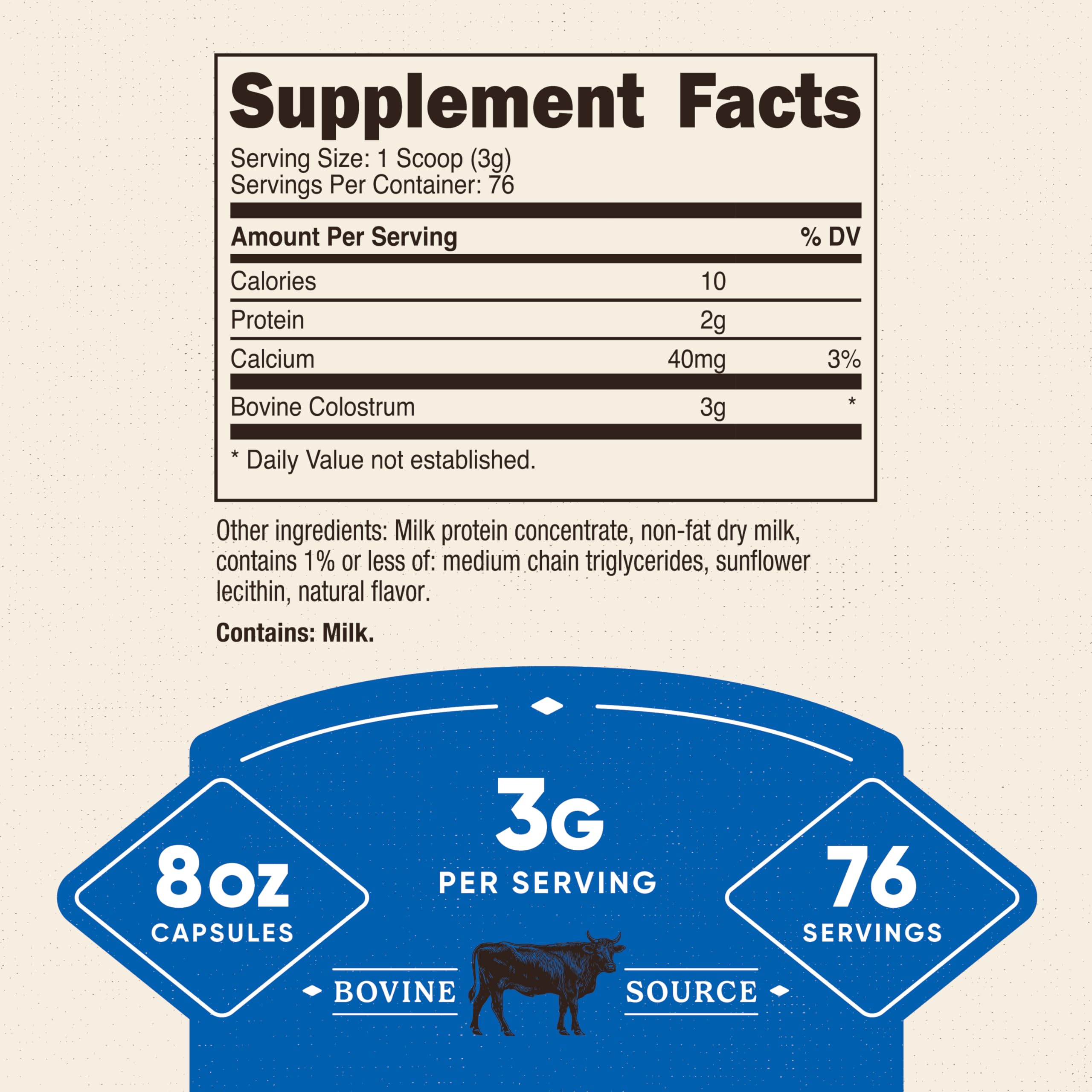 Nutricost Colostrum Powder label close-up highlights purity and quality standards