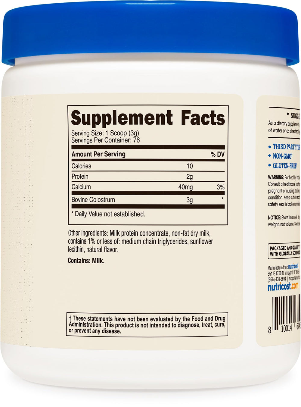 Nutricost Colostrum Powder in a shake glass conveys versatile use