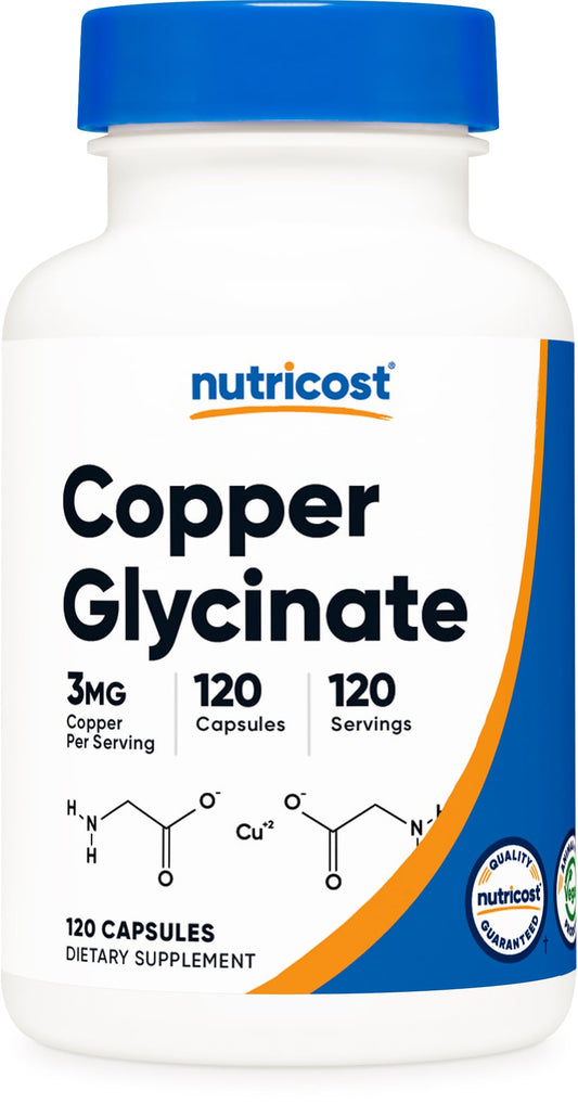 Bottle of Nutricost Copper Glycinate Capsules – 120 count
