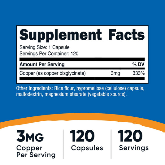 Serving size showing 3 mg copper glycinate per capsule