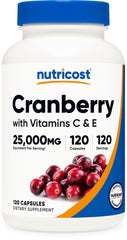 Bottle of Nutricost Cranberry Extract 25,000mg with 120 vegetarian capsules