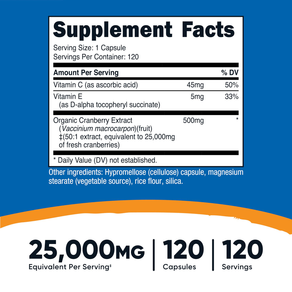 Close-up of Cranberry Extract label showing 25,000mg per serving
