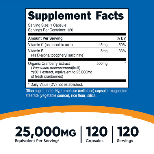 Close-up of Cranberry Extract label showing 25,000mg per serving