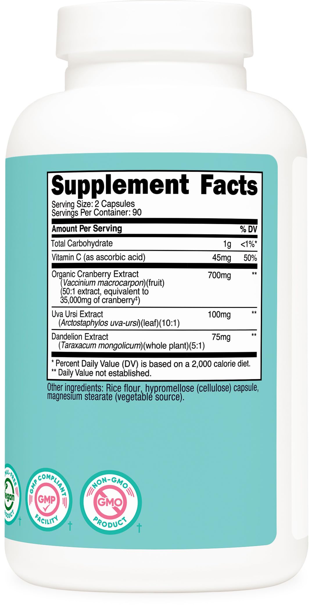 Vitamin C, Uva Ursi and Dandelion Root ingredients graphic for Nutricost Cranberry Extract for Women
