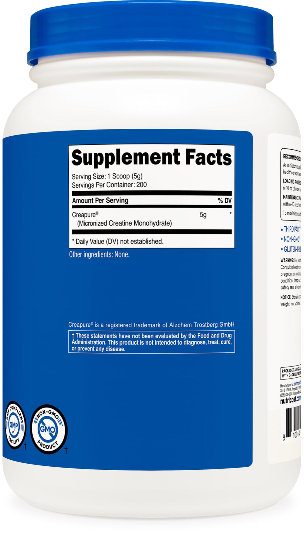 Nutricost Creapure label close-up showing 1 kg purity.