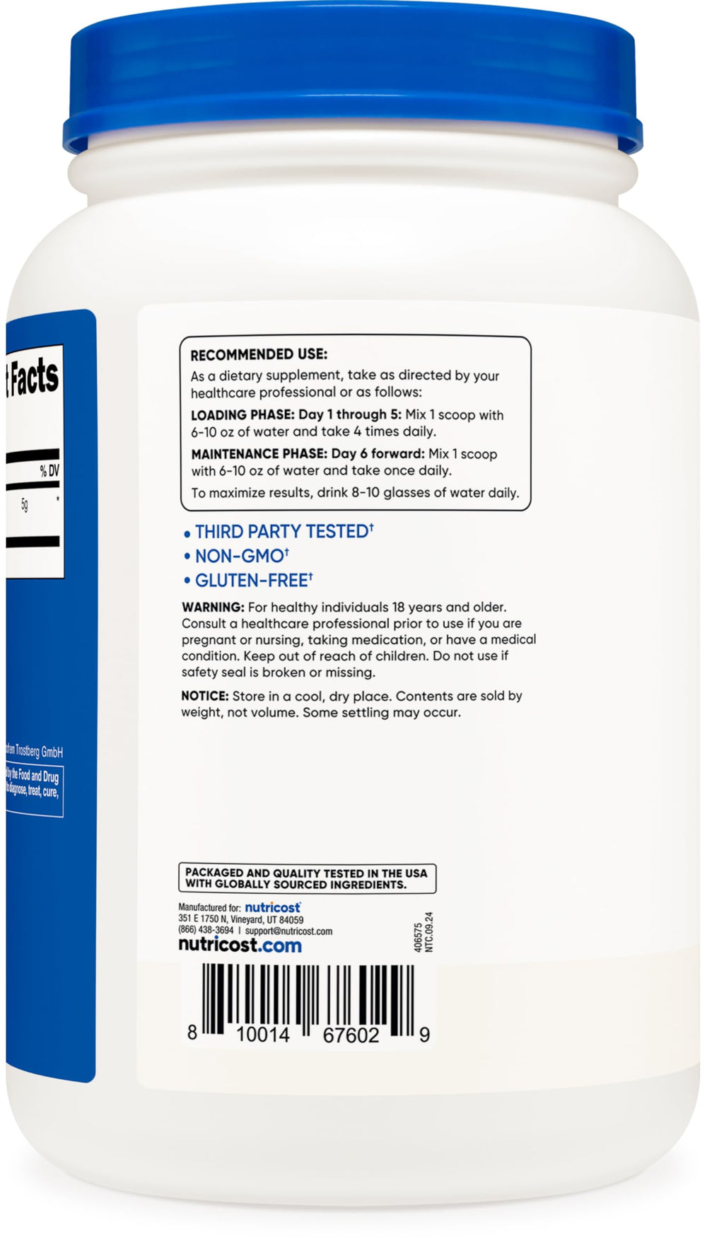 Nutricost Creapure packaging highlighting purity and testing.