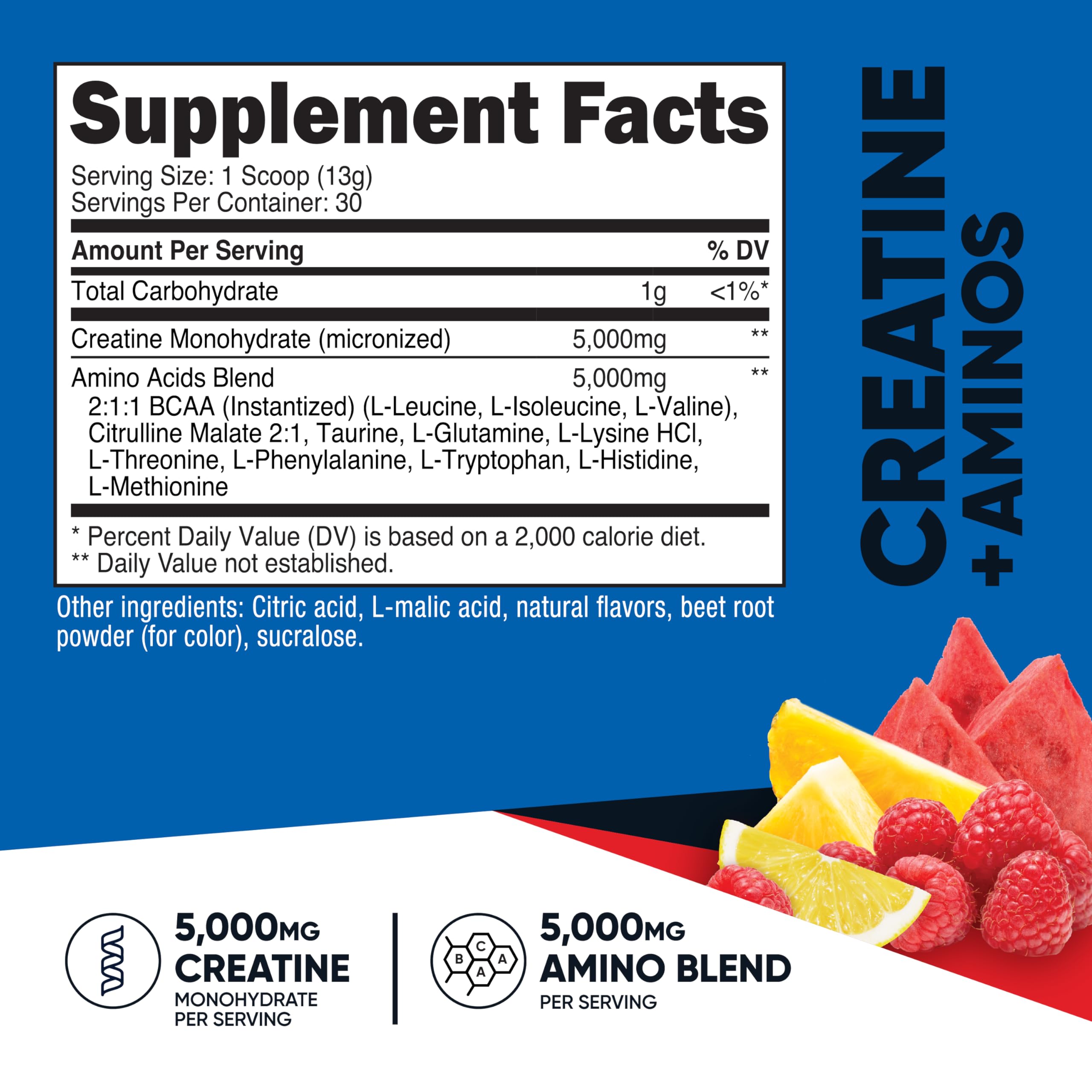 Nutrition facts label for Nutricost Creatine + Aminos Fruit Punch