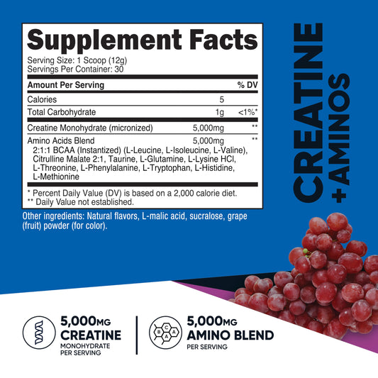 Nutricost Creatine + Aminos nutrition label for Grapes flavor