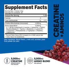 Nutricost Creatine + Aminos nutrition label for Grapes flavor