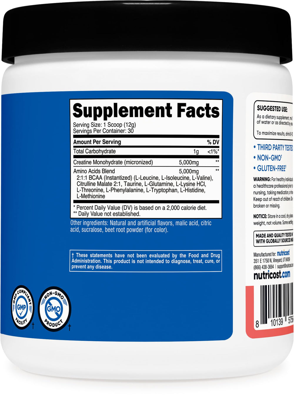 GMP compliant Nutricost Creatine + Aminos Watermelon product label