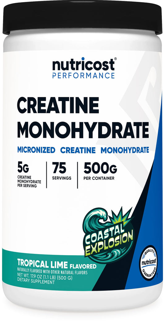 Nutricost Creatine Monohydrate Coastal Explosion 500g bottle label close-up