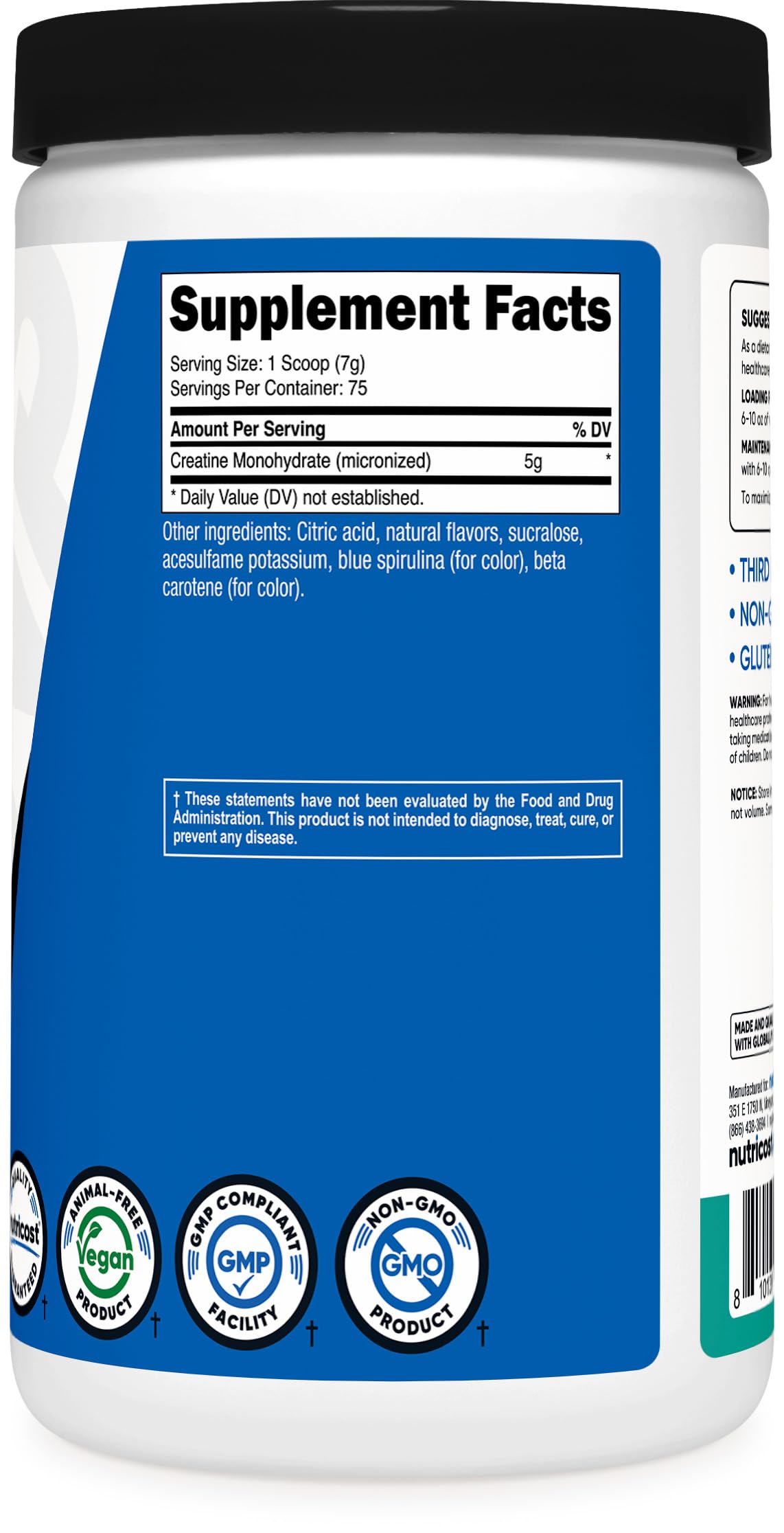 Back label of Nutricost Creatine Monohydrate Coastal Explosion 500g showing certifications
