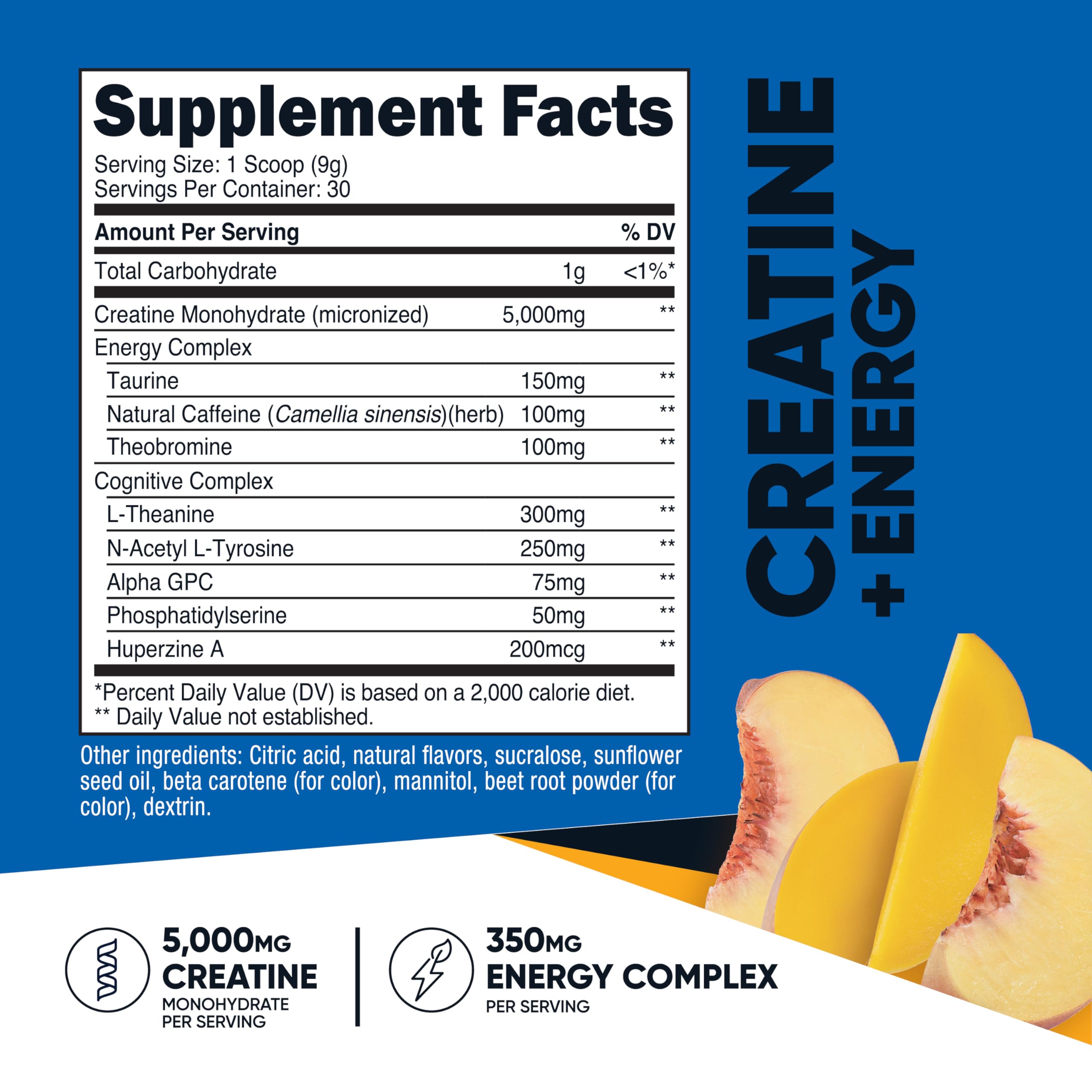 Nutrition facts label for Nutricost Creatine + Energy Peach Mango