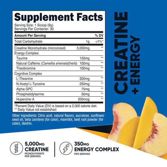 Nutrition facts label for Nutricost Creatine + Energy Peach Mango
