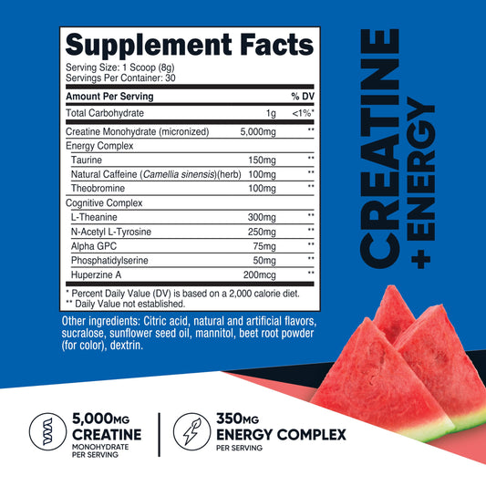Close-up nutrition facts of Nutricost Creatine + Energy Watermelon