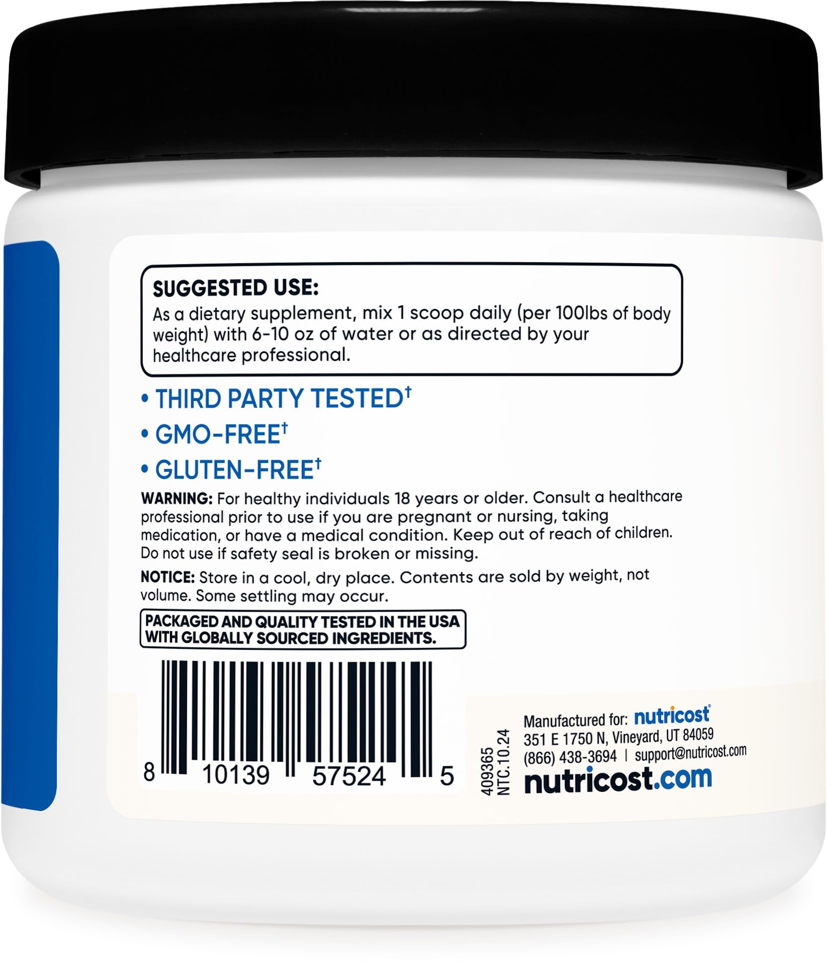 Nutricost Creatine HCl Powder label close-up highlighting CON-CRET quality