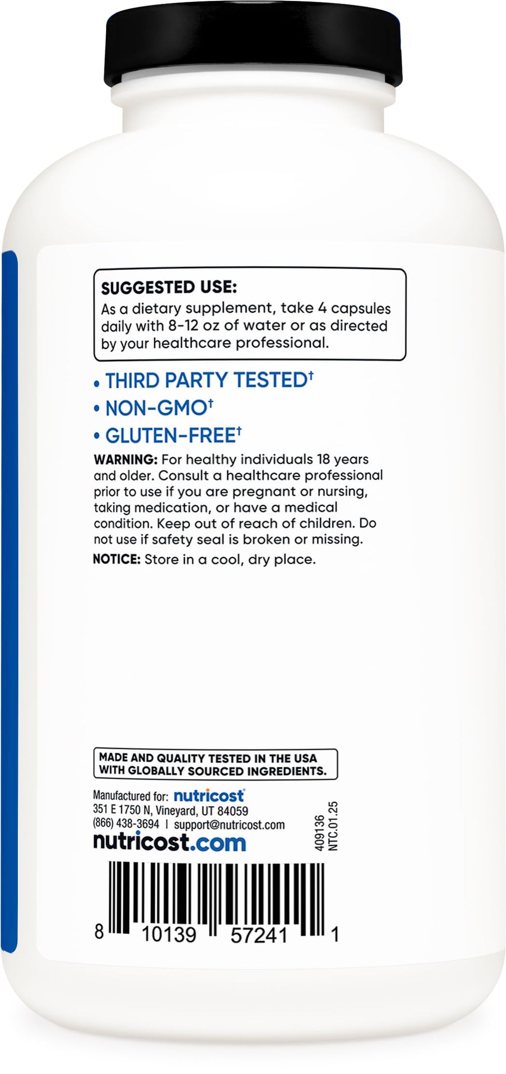 Non-GMO and gluten-free claim on Nutricost packaging