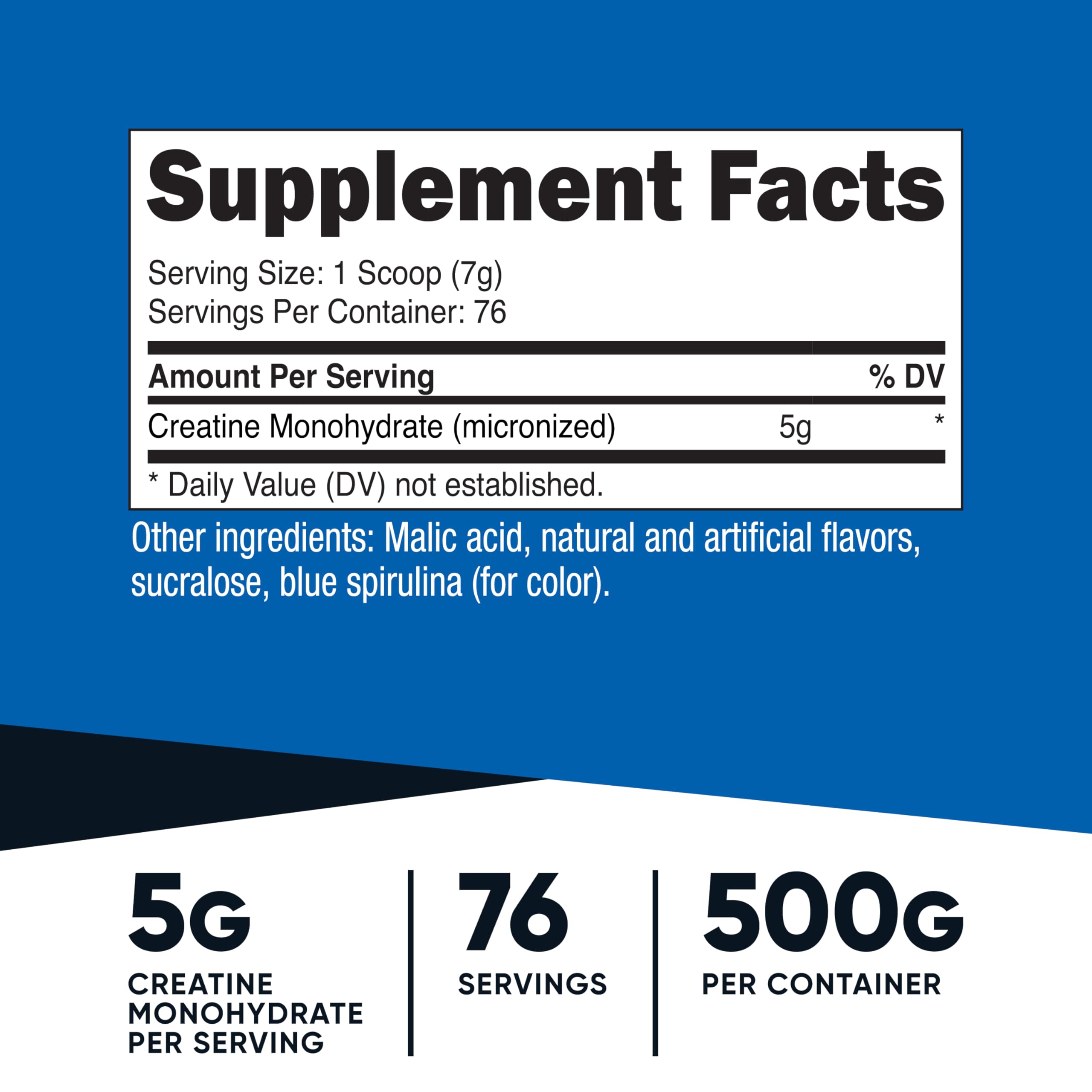 Close-up of Nutricost Creatine Monohydrate Powder Blue Raspberry label