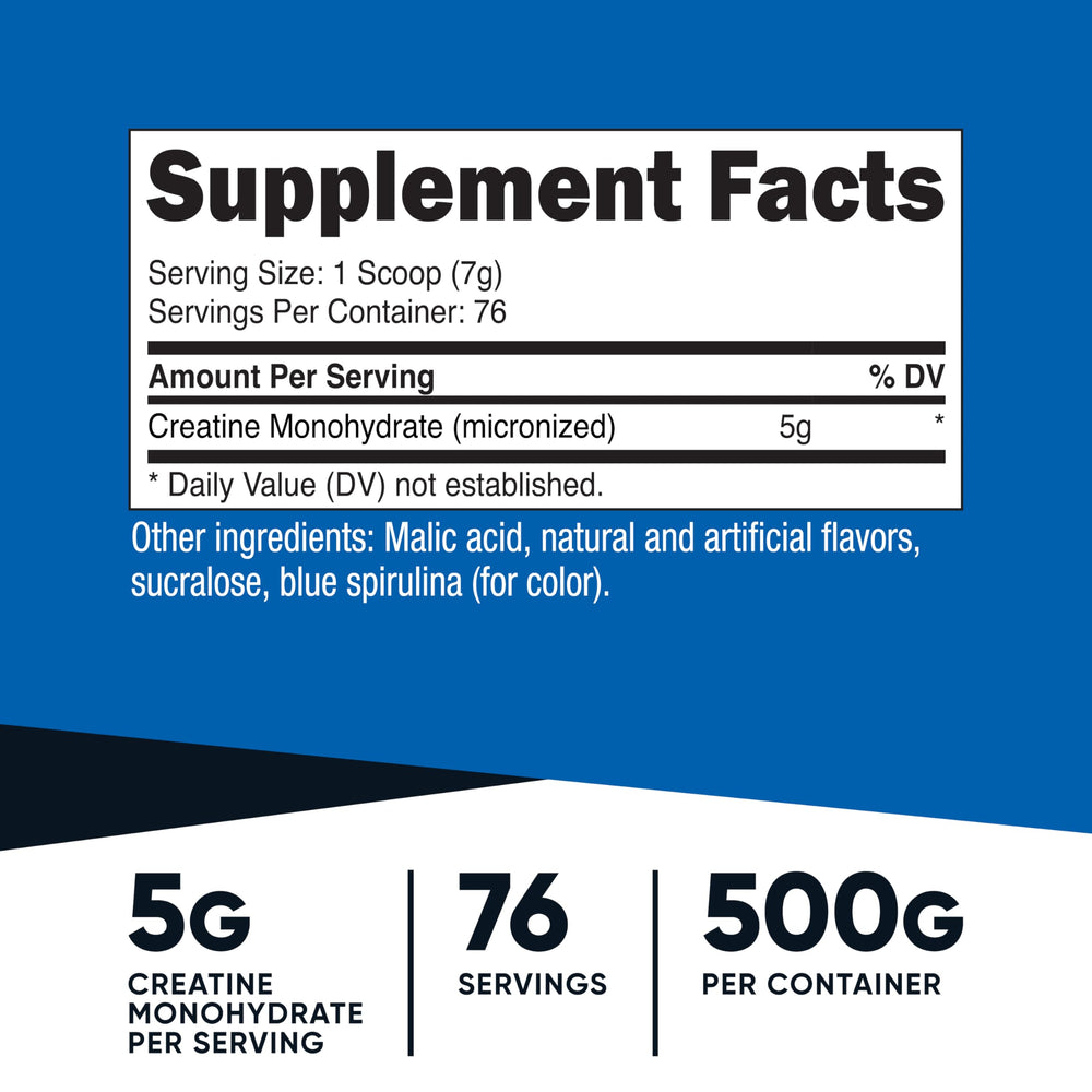 Close-up of Nutricost Creatine Monohydrate Powder Blue Raspberry label