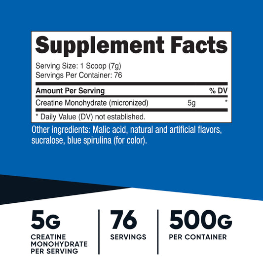 Close-up of Nutricost Creatine Monohydrate Powder Blue Raspberry label