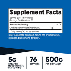 Close-up of Nutricost Creatine Monohydrate Powder Blue Raspberry label