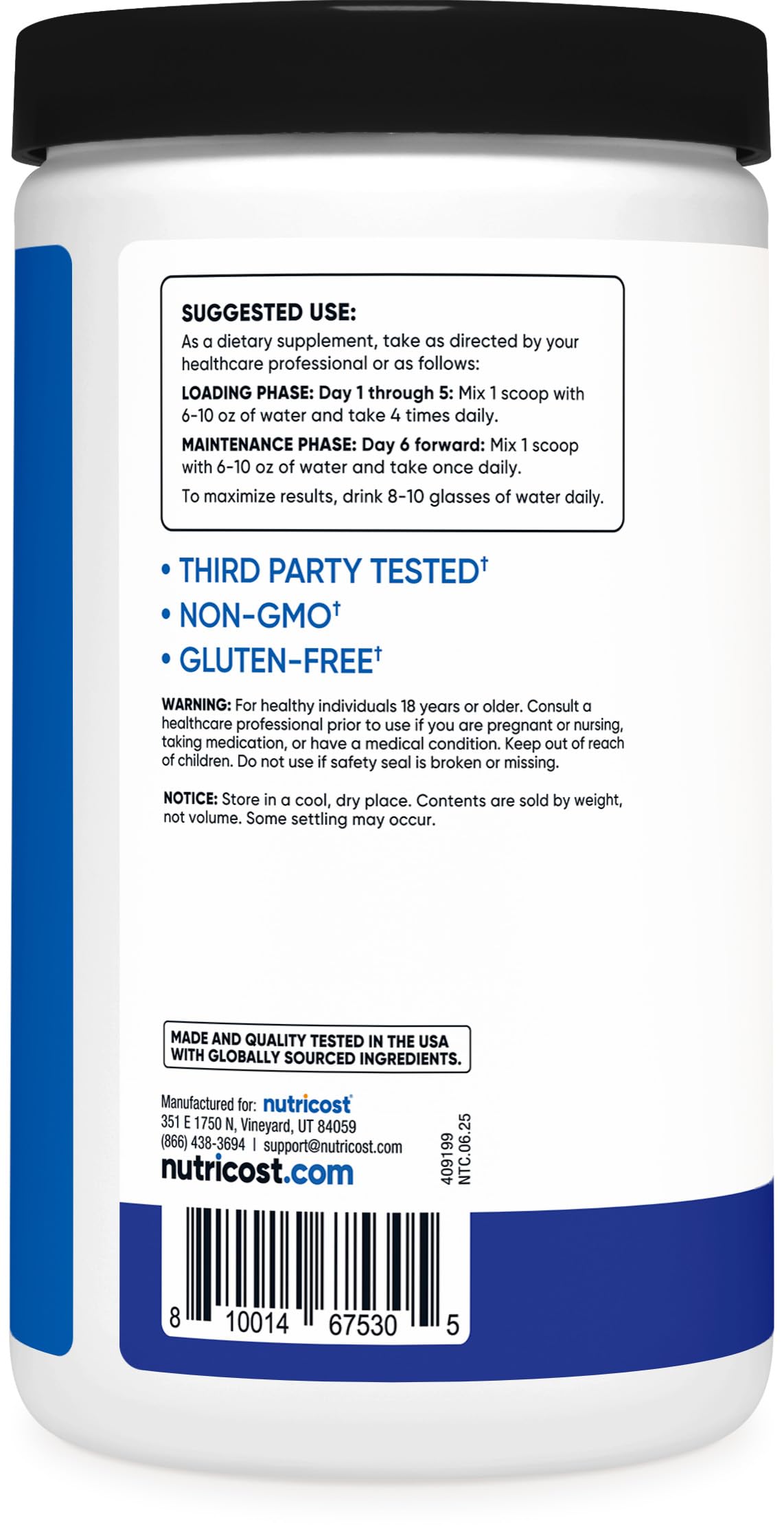 Nutrition facts for Nutricost Creatine Monohydrate Powder Blue Raspberry