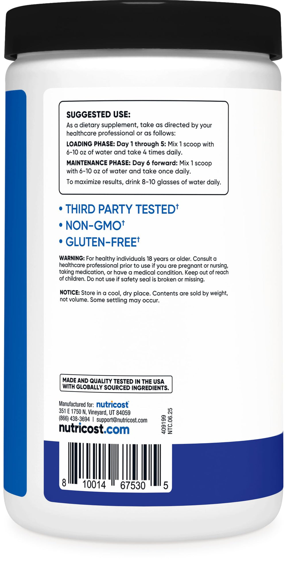 Nutrition facts for Nutricost Creatine Monohydrate Powder Blue Raspberry