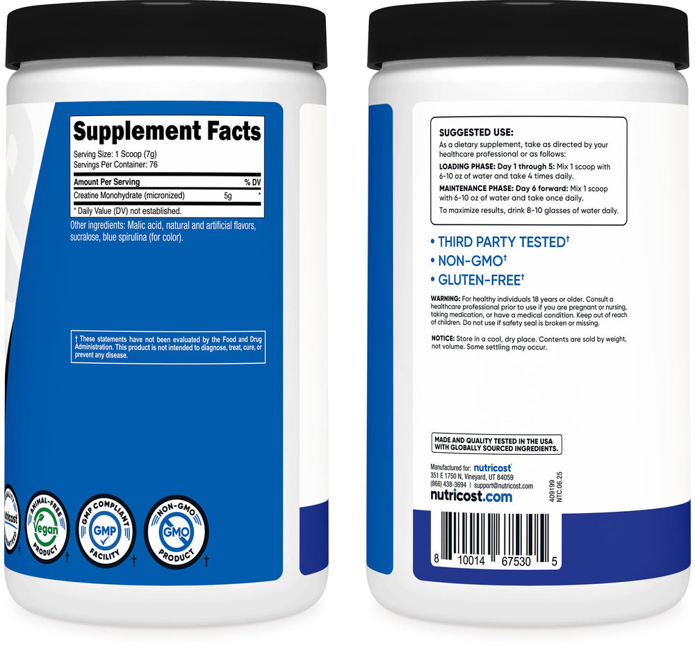Nutricost Creatine Monohydrate Powder Blue Raspberry 500 g package and scoop