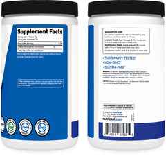 Nutricost Creatine Monohydrate Powder Blue Raspberry 500 g package and scoop