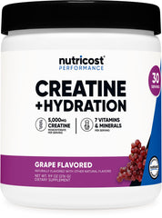 Bottle of Nutricost Creatine Monohydrate + Hydration Grape Flavor