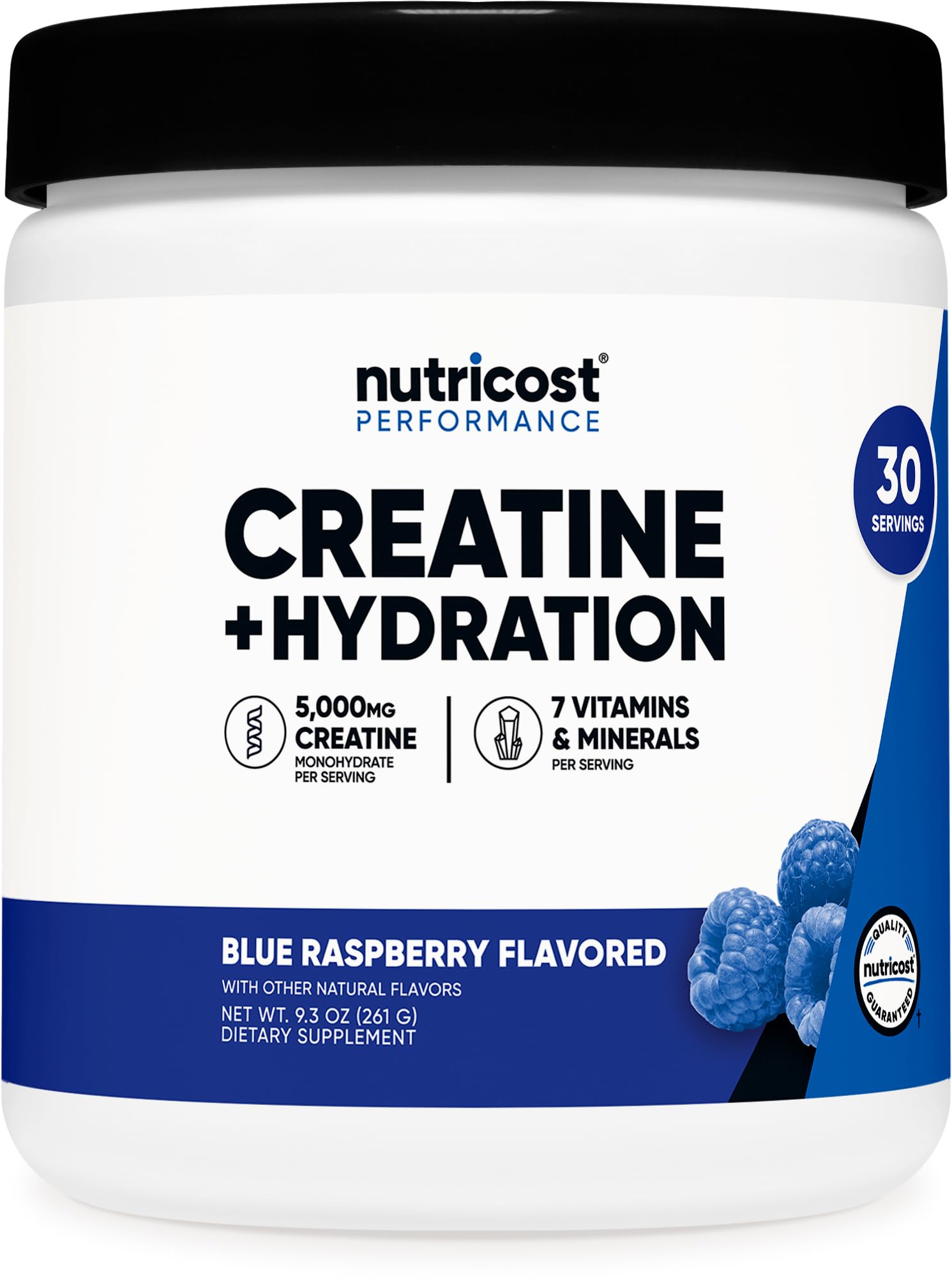 Nutricost Creatine Monohydrate + Hydration Blue Raspberry bottle and label