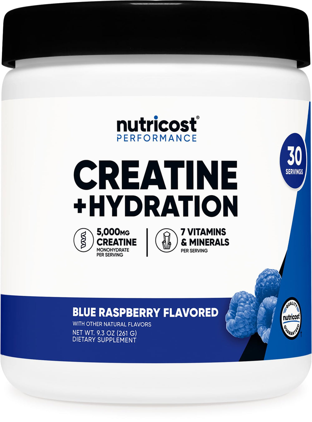Nutricost Creatine Monohydrate + Hydration Blue Raspberry bottle and label