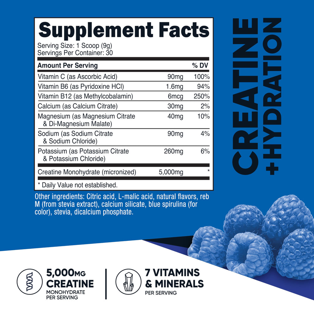 Blue Raspberry flavored powder scoop beside Nutricost container