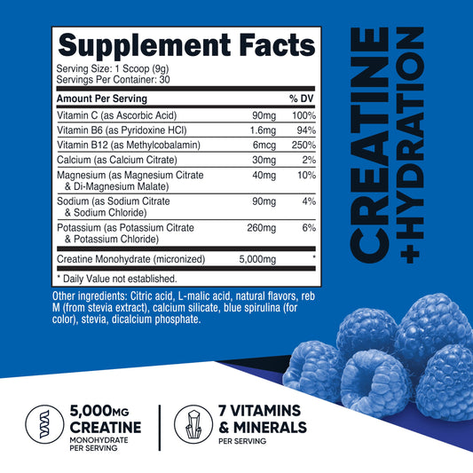Blue Raspberry flavored powder scoop beside Nutricost container