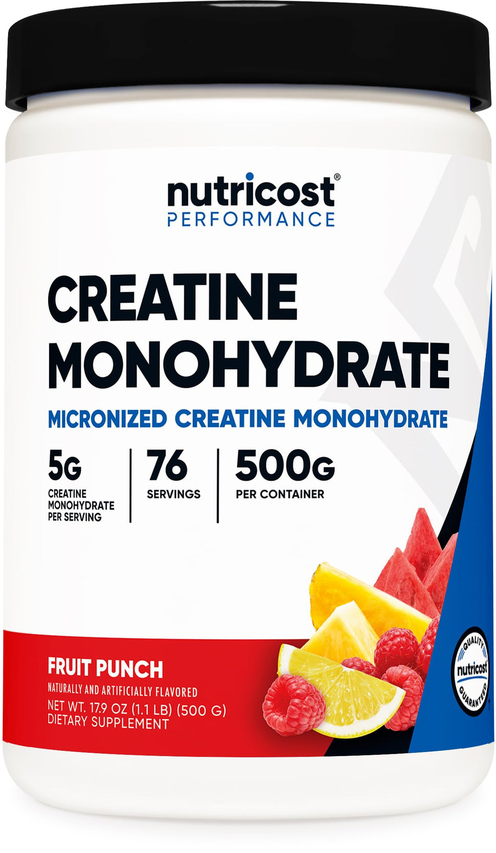 Nutricost Creatine Monohydrate Powder Fruit Punch 500g tub label