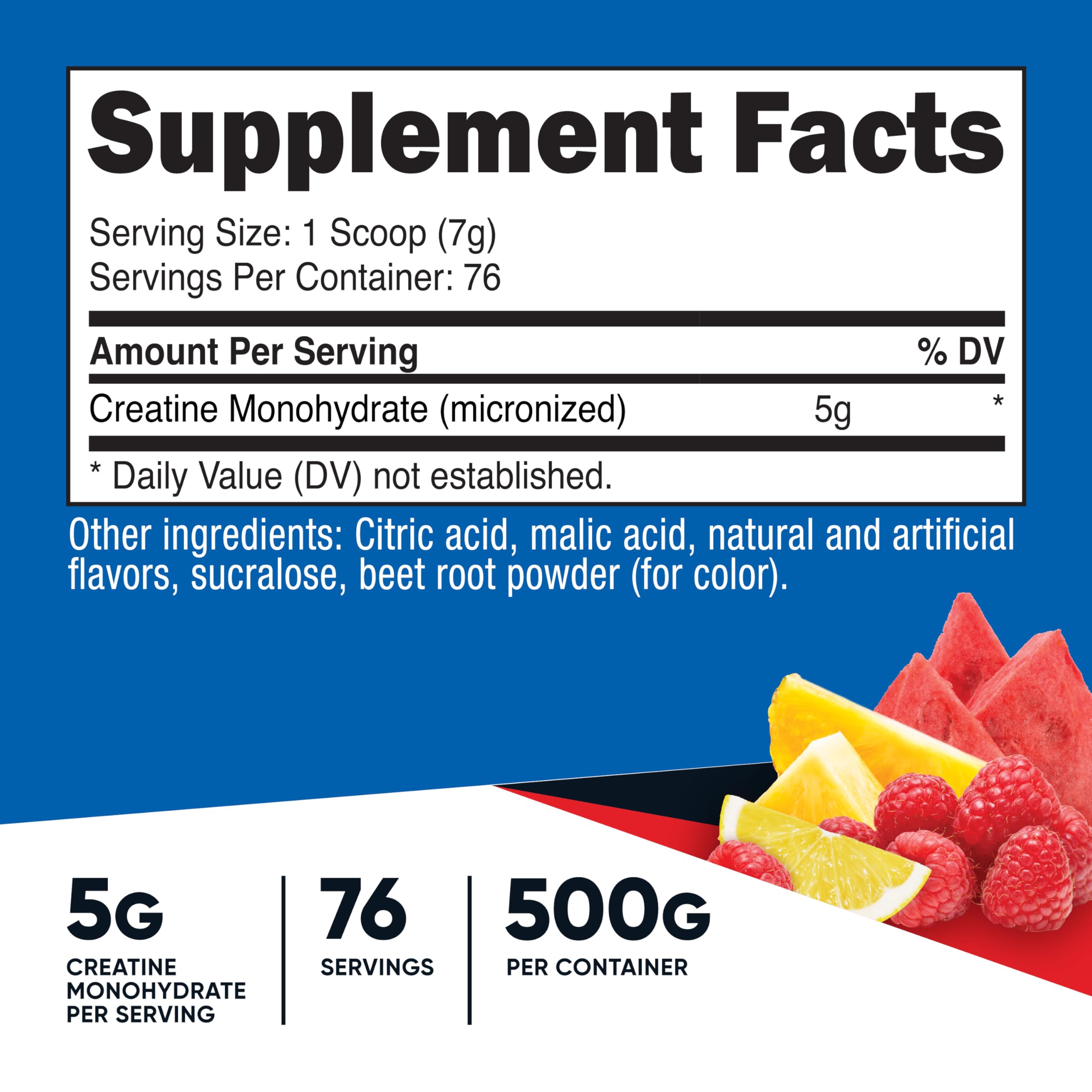 Fruit Punch flavored creatine monohydrate powder with Nutricost label